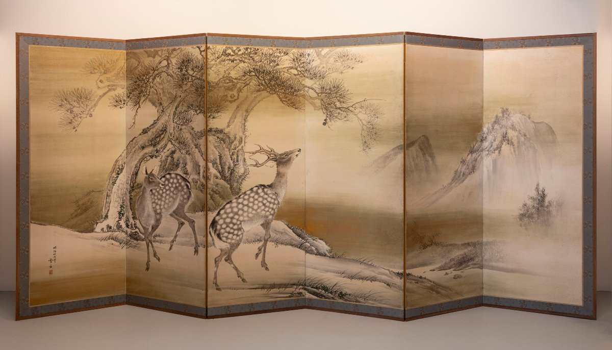 A Six-panel Screen Depicting A Pair Of Deer In A Winter Landscape-photo-5