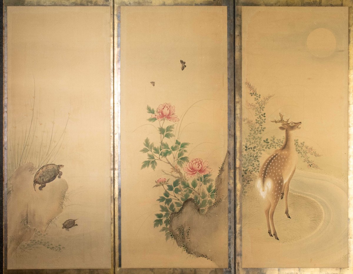 A Six-panel Folding Screen Of Symbolic Animals And Peonies-photo-2