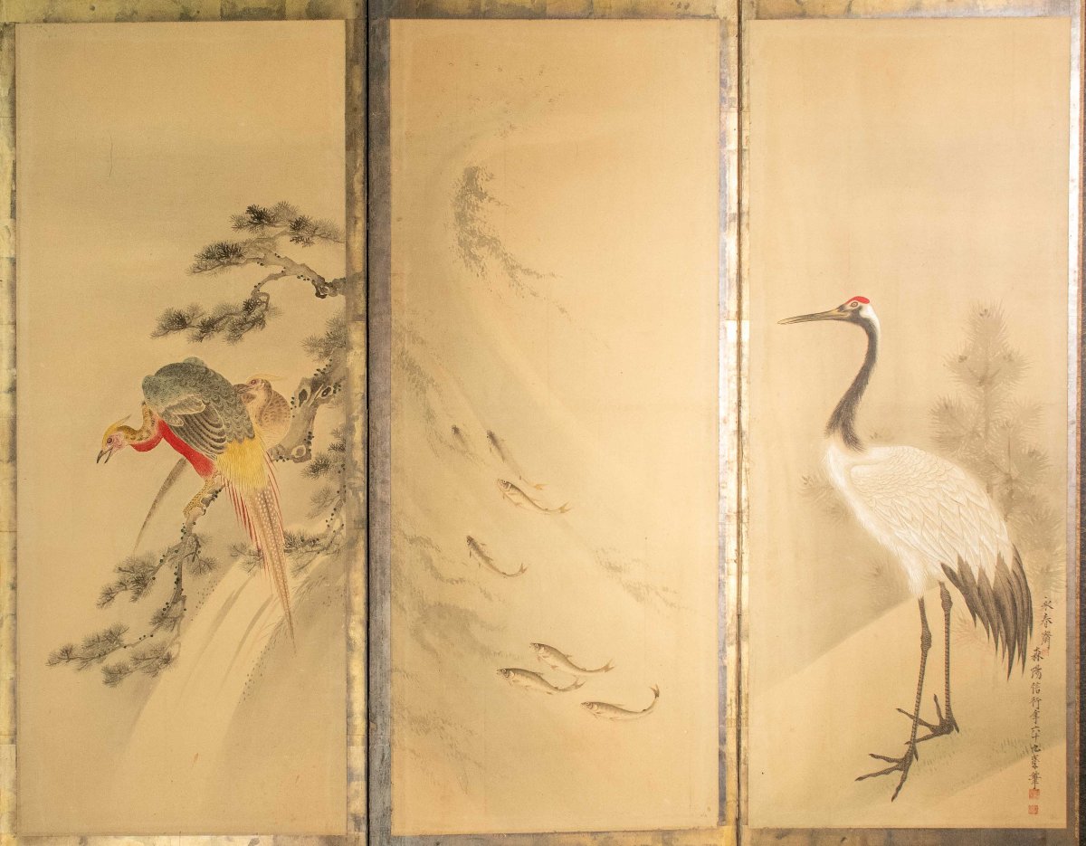 A Six-panel Folding Screen Of Symbolic Animals And Peonies-photo-4