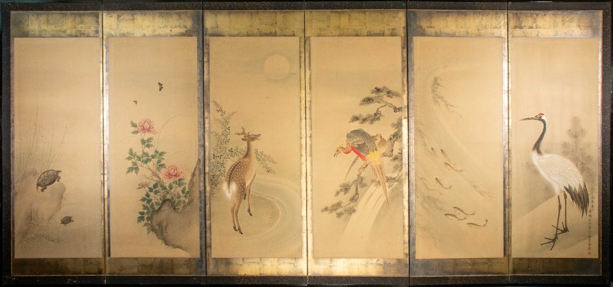 A Six-panel Folding Screen Of Symbolic Animals And Peonies