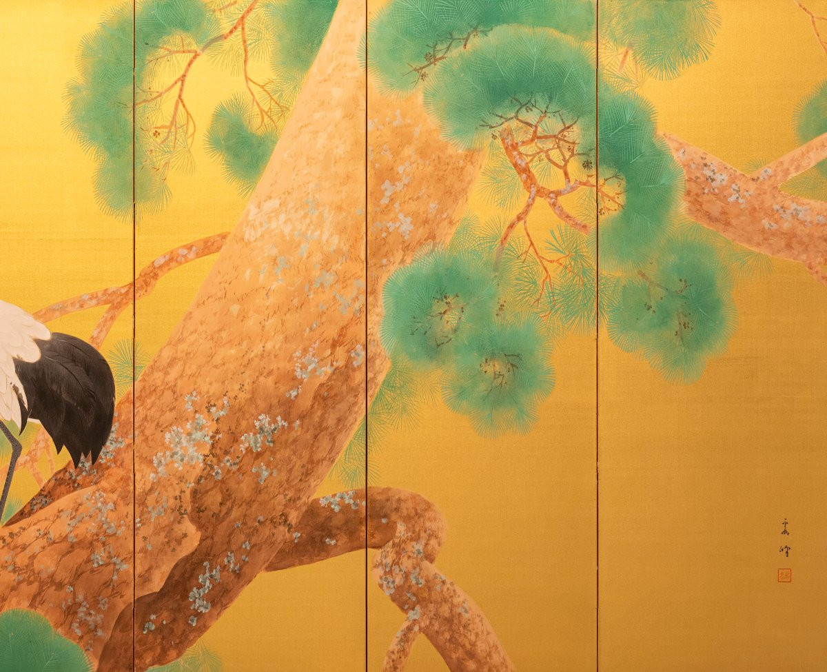 Paravent à six panneaux avec une paire de grues de Mandchourie sur soie dorée-photo-3