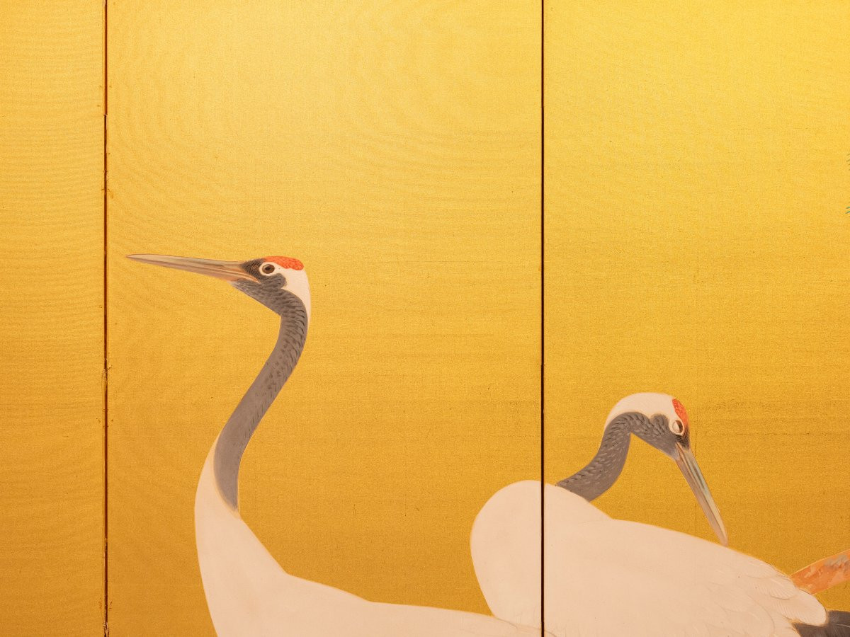 Paravent à six panneaux avec une paire de grues de Mandchourie sur soie dorée-photo-4