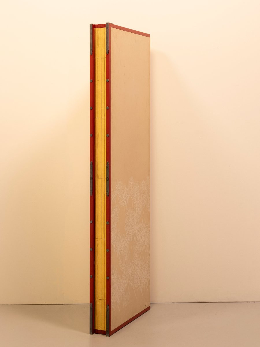 Paravent à six panneaux avec une paire de grues de Mandchourie sur soie dorée-photo-6