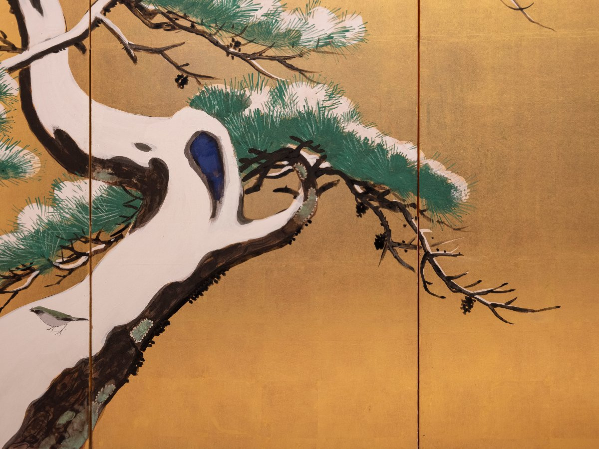 Paravent à six panneaux avec pins sous le soleil rouge-photo-2