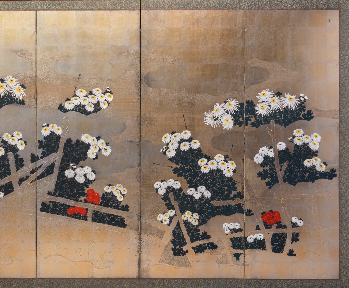 Paravent à six panneaux en papier représentant un jardin de chrysanthèmes-photo-3