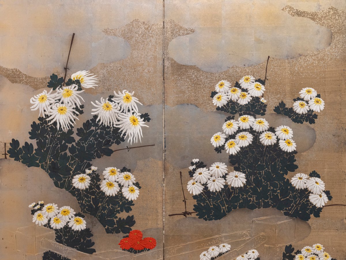 Paravent à six panneaux en papier représentant un jardin de chrysanthèmes-photo-4