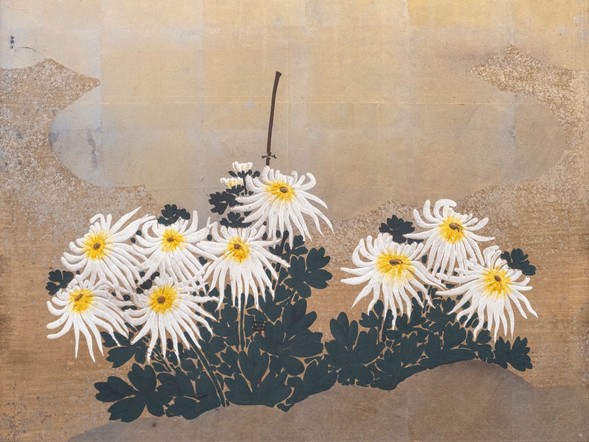 Paravent à six panneaux en papier représentant un jardin de chrysanthèmes-photo-2