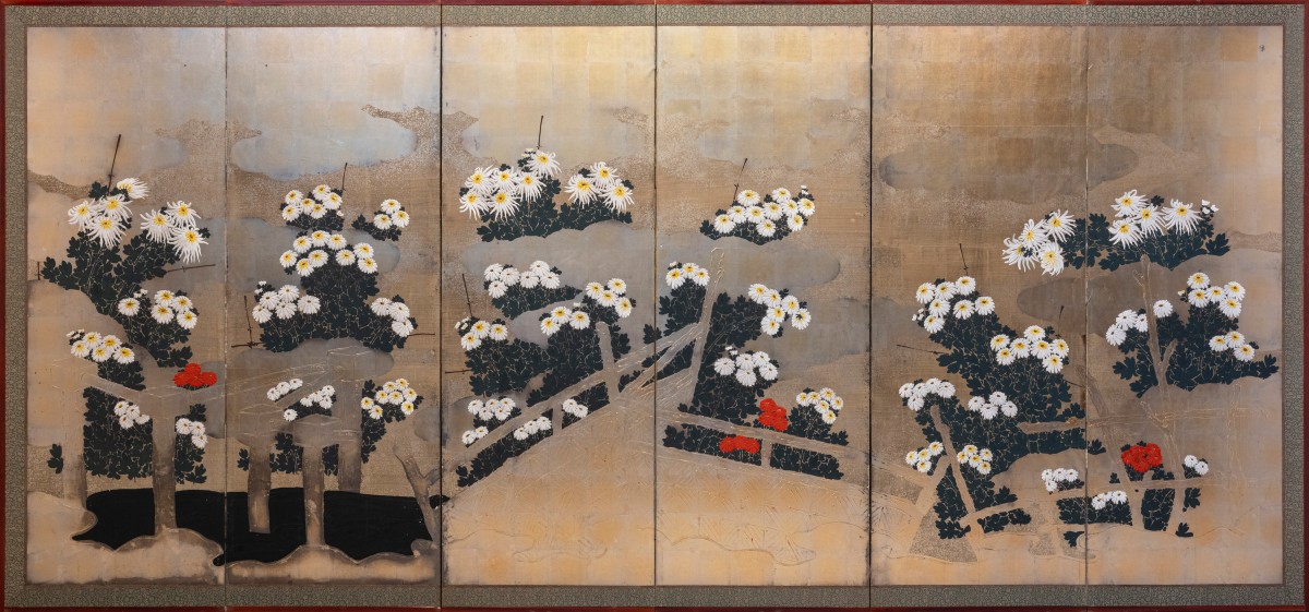 Paravent à six panneaux en papier représentant un jardin de chrysanthèmes