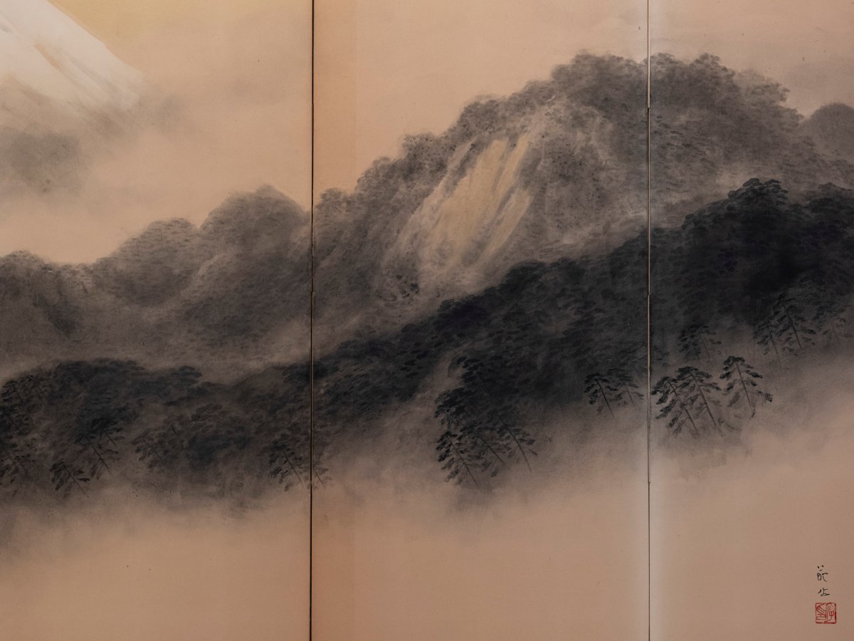 A Six-panel Paper Folding Screen Of Mount Fuji Shrouded In Mist-photo-1