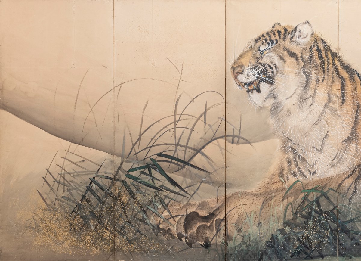 A Six-panel Screen Depicting A Majestic Tiger-photo-2