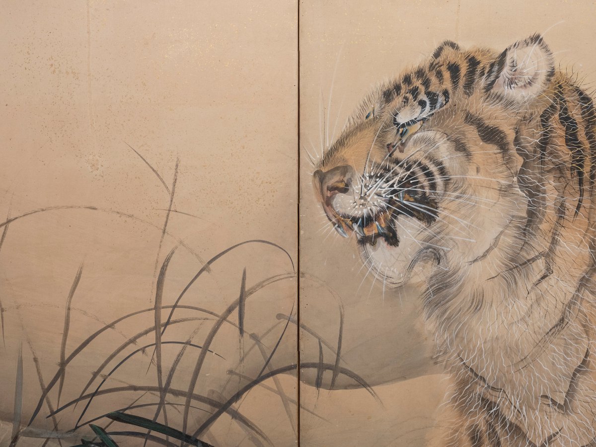 A Six-panel Screen Depicting A Majestic Tiger-photo-2