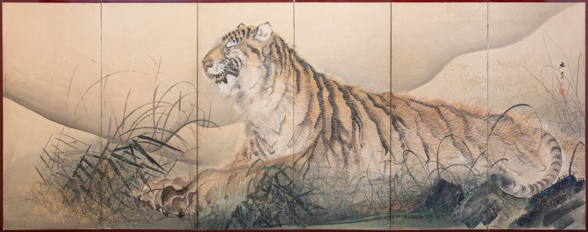 A Six-panel Screen Depicting A Majestic Tiger