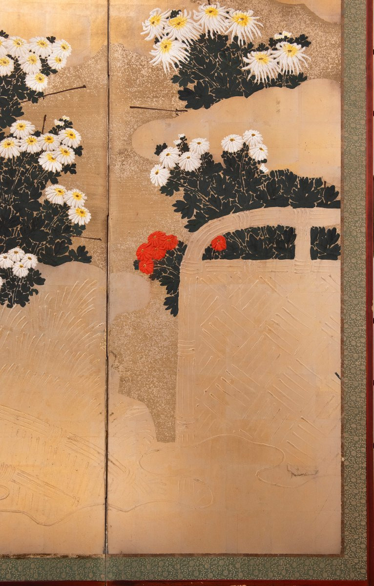 Paravent à six panneaux en papier représentant un jardin de chrysanthèmes-photo-4
