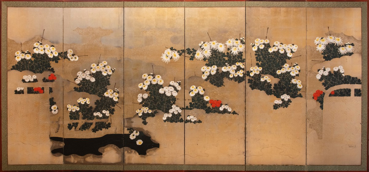 Paravent à six panneaux en papier représentant un jardin de chrysanthèmes