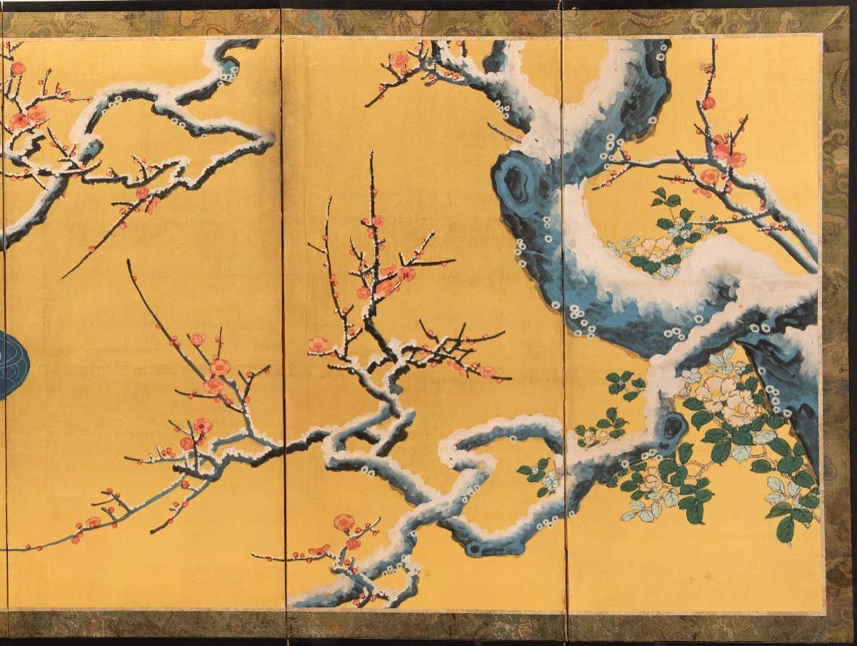 Paravent à six panneaux représentant deux canards mandarins sous des branches de prunier-photo-3