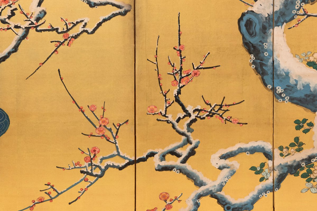 Paravent à six panneaux représentant deux canards mandarins sous des branches de prunier-photo-2