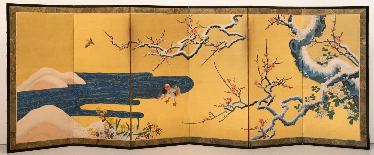 Paravent à six panneaux représentant deux canards mandarins sous des branches de prunier-photo-4