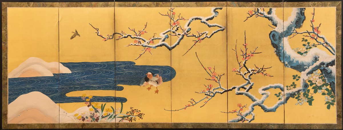 Paravent à six panneaux représentant deux canards mandarins sous des branches de prunier