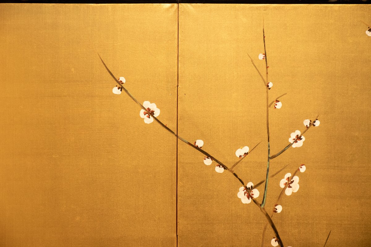 Paravent à six panneaux peint sur soie représentant un jardin printanier-photo-3