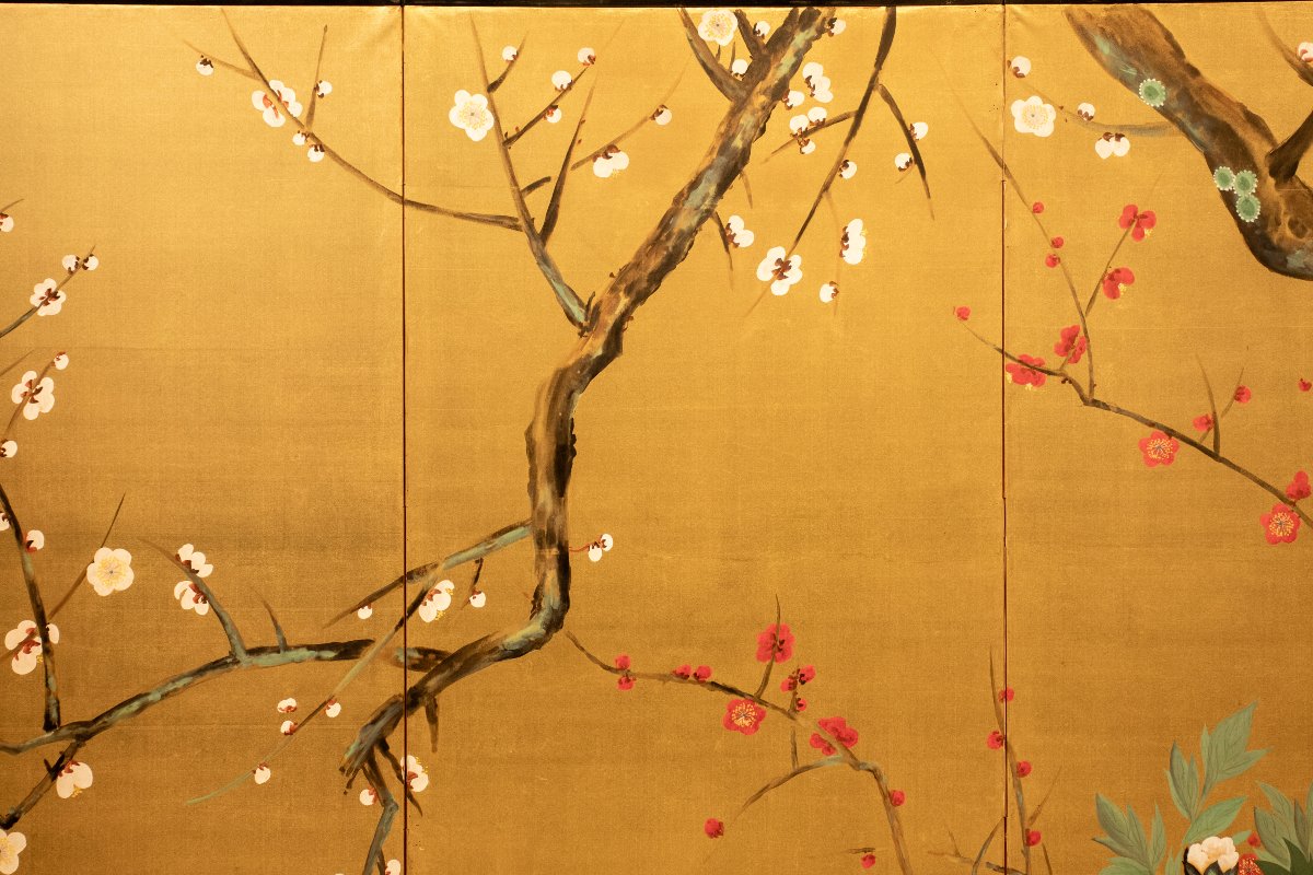 Paravent à six panneaux peint sur soie représentant un jardin printanier-photo-1