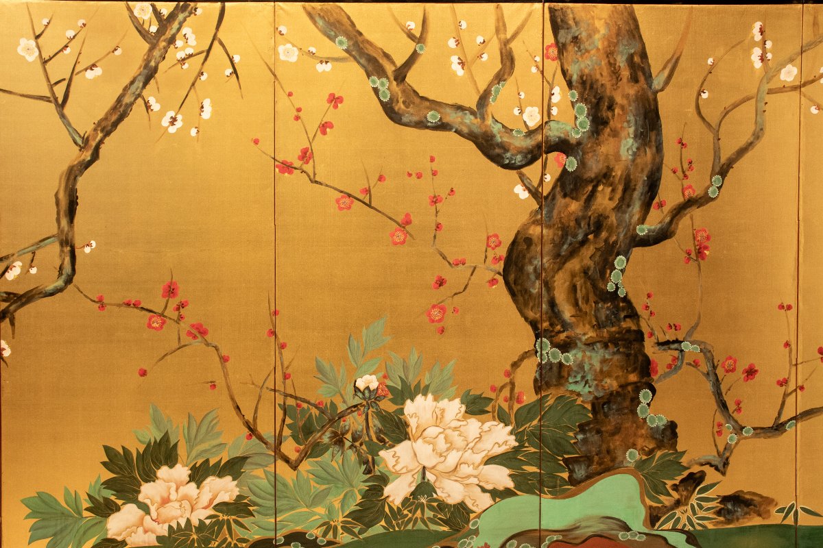 Paravent à six panneaux peint sur soie représentant un jardin printanier-photo-2