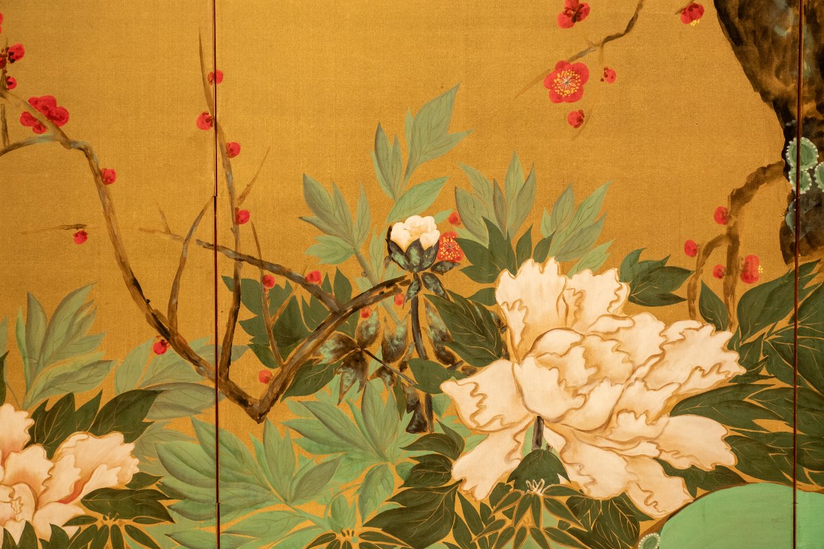Paravent à six panneaux peint sur soie représentant un jardin printanier-photo-4