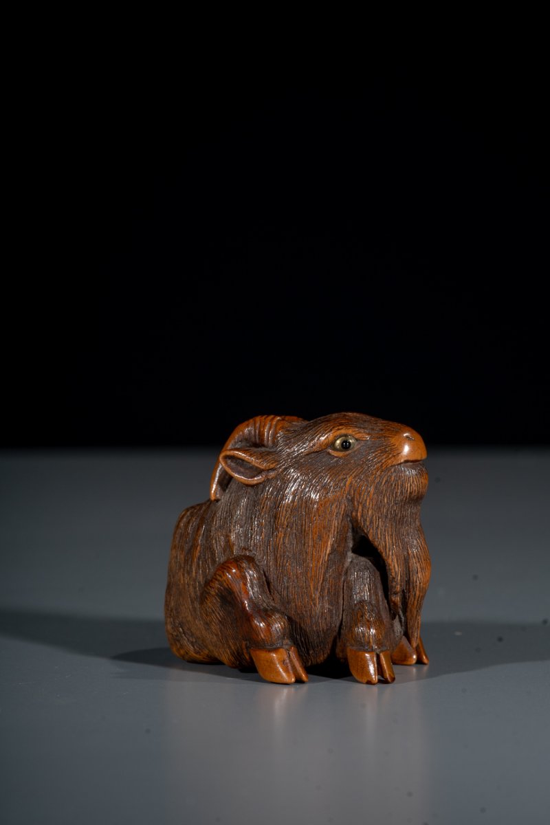 A Boxwood Netsuke Of A Goat, Signed Masanao-photo-2
