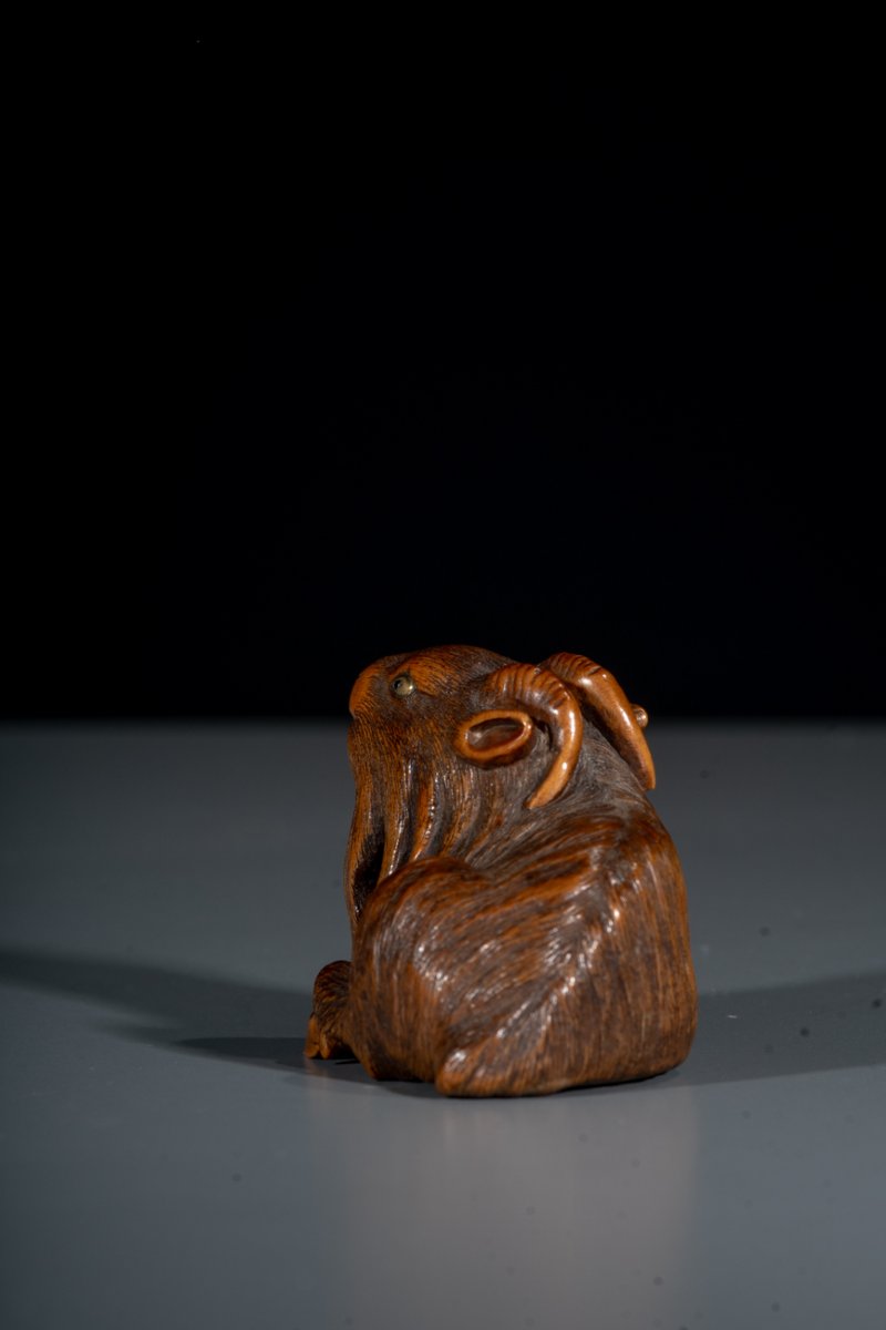 A Boxwood Netsuke Of A Goat, Signed Masanao-photo-3