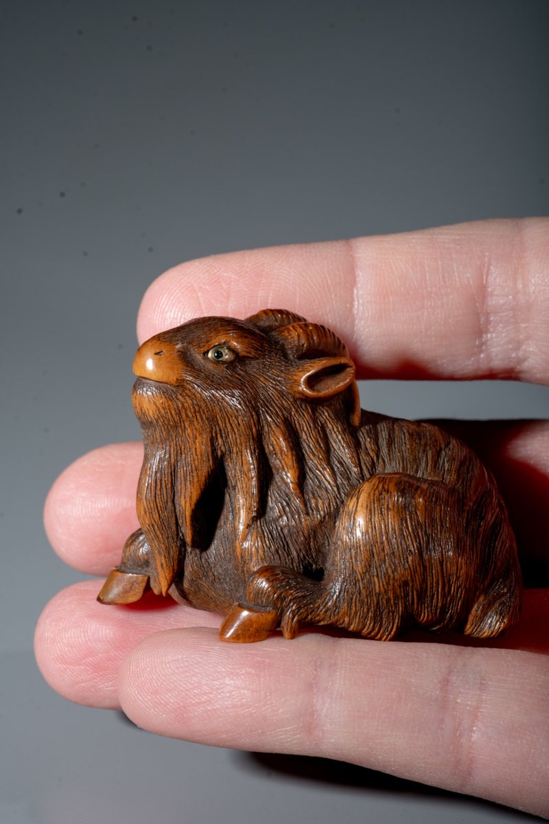 A Boxwood Netsuke Of A Goat, Signed Masanao-photo-1