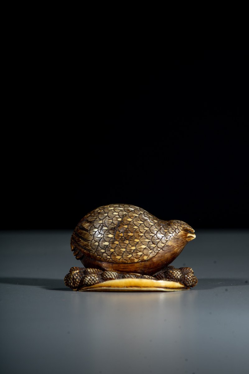 An Ivory Netsuke Of A Quail With Millet, Signed Masakazu-photo-2