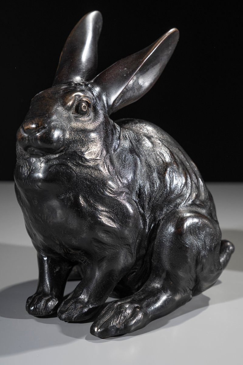 Paire de lapins en bronze à patine sombre, signée Juzan-photo-2