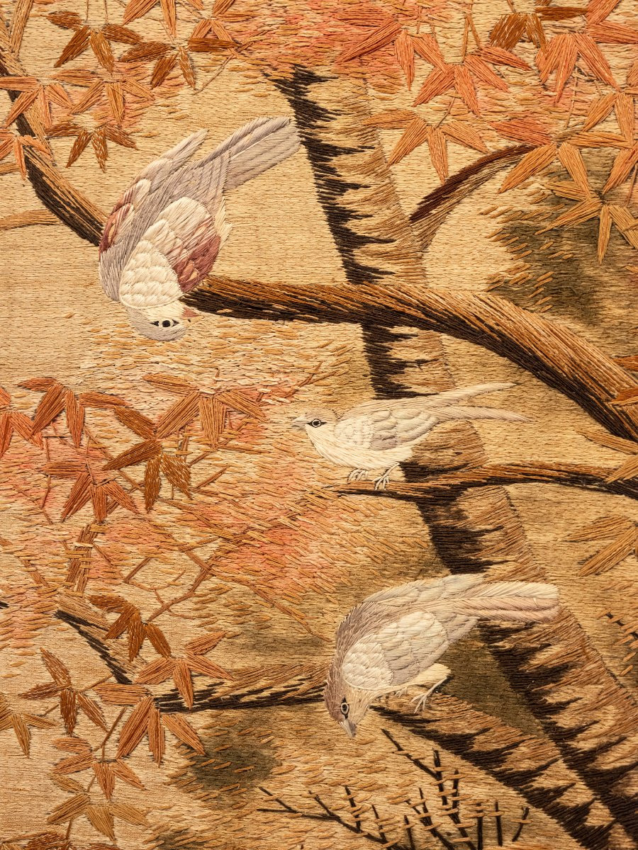 Tapisserie en soie représentant un paysage avec oiseaux en vol-photo-3