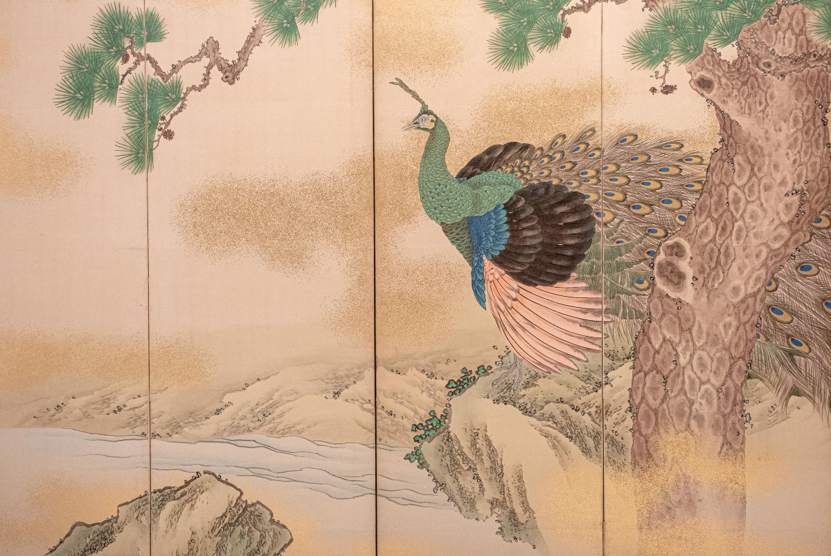 A Six-panel Folding Screen On Paper With Gold Dust Depicting A Majestic Peacock-photo-2