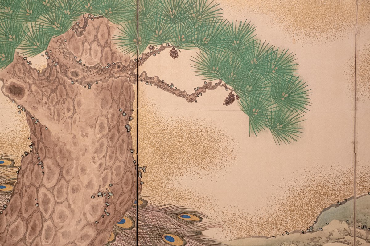 A Six-panel Folding Screen On Paper With Gold Dust Depicting A Majestic Peacock-photo-1