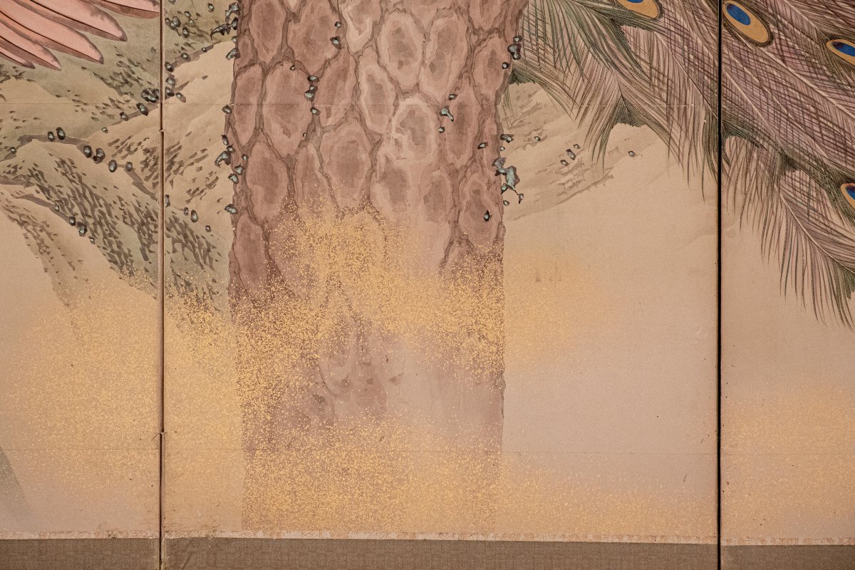 A Six-panel Folding Screen On Paper With Gold Dust Depicting A Majestic Peacock-photo-2