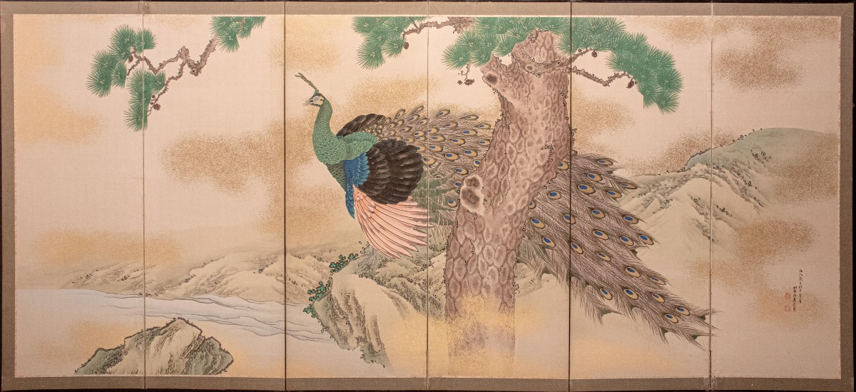 A Six-panel Folding Screen On Paper With Gold Dust Depicting A Majestic Peacock