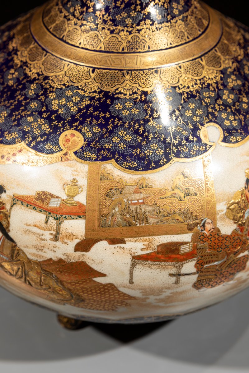 Grand vase Satsuma avec scènes de samouraïs, signé Kinkozan-photo-3