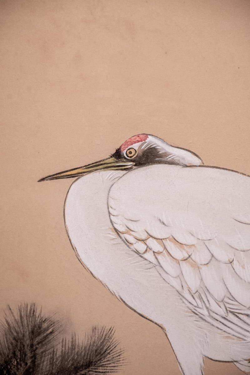 Paravent japonais à deux panneaux avec grues de Mandchourie et pin-photo-3