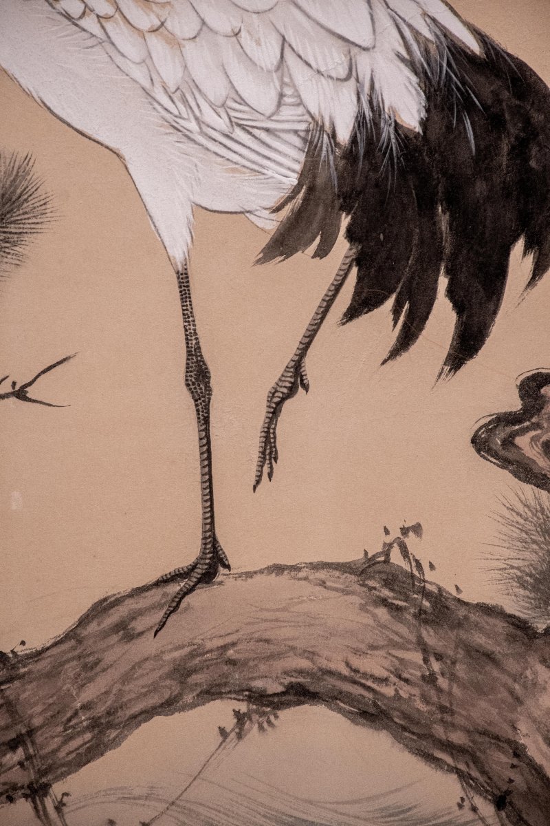 Paravent japonais à deux panneaux avec grues de Mandchourie et pin-photo-4