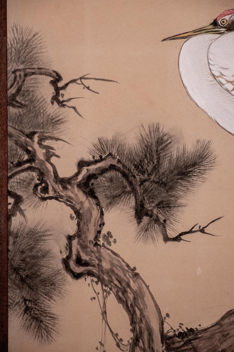 Paravent japonais à deux panneaux avec grues de Mandchourie et pin-photo-1