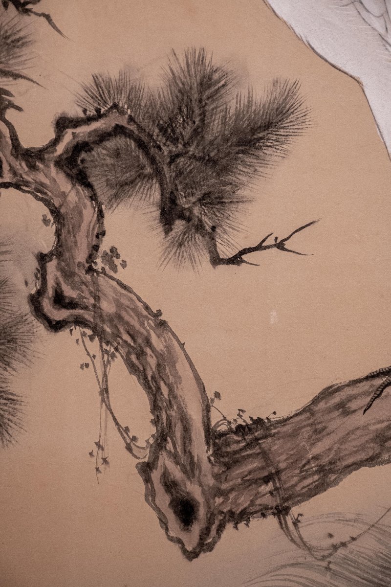 Paravent japonais à deux panneaux avec grues de Mandchourie et pin-photo-2