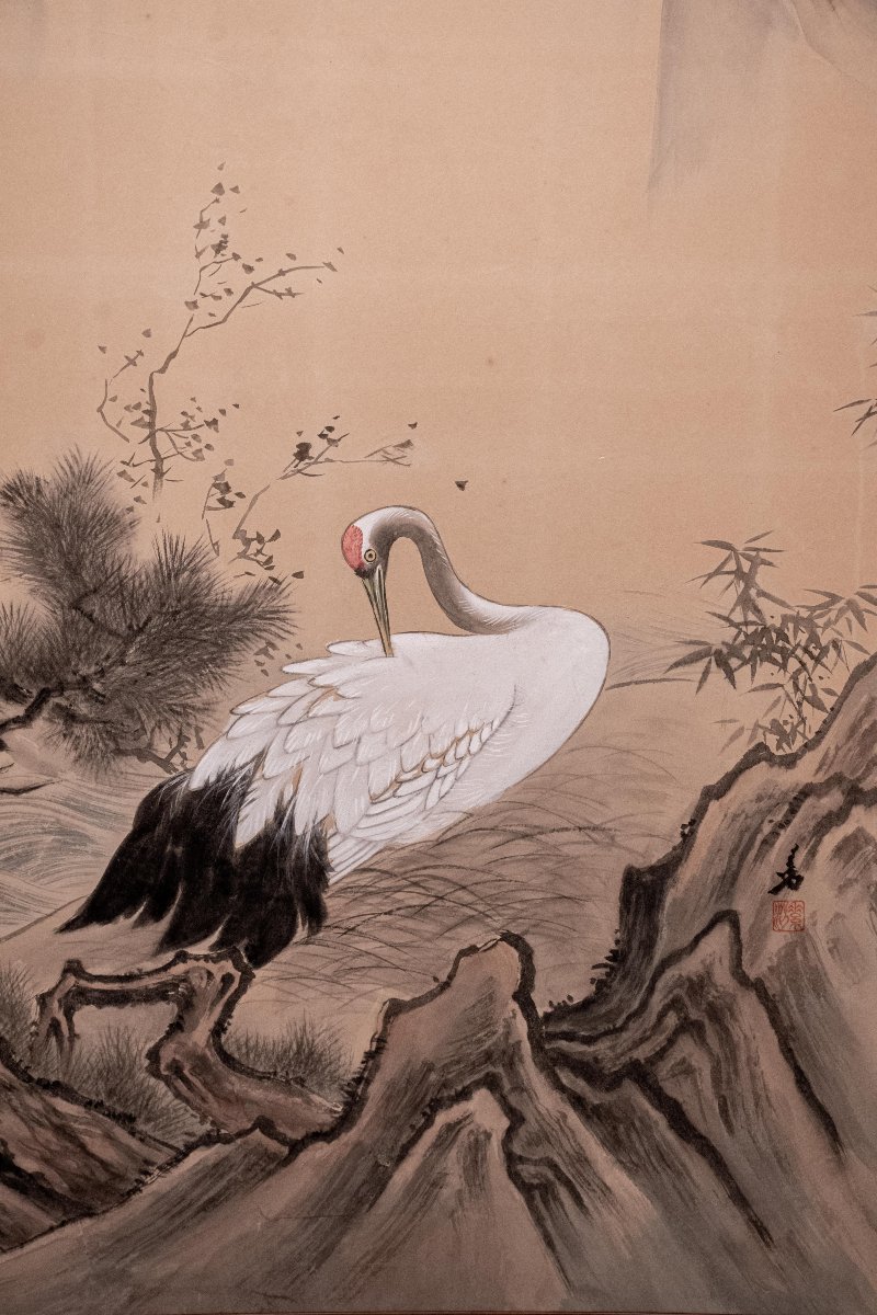 Paravent japonais à deux panneaux avec grues de Mandchourie et pin-photo-3