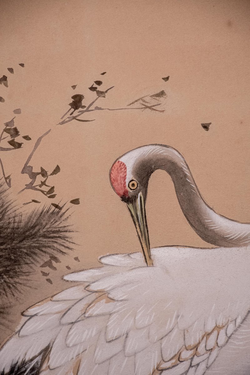 Paravent japonais à deux panneaux avec grues de Mandchourie et pin-photo-4