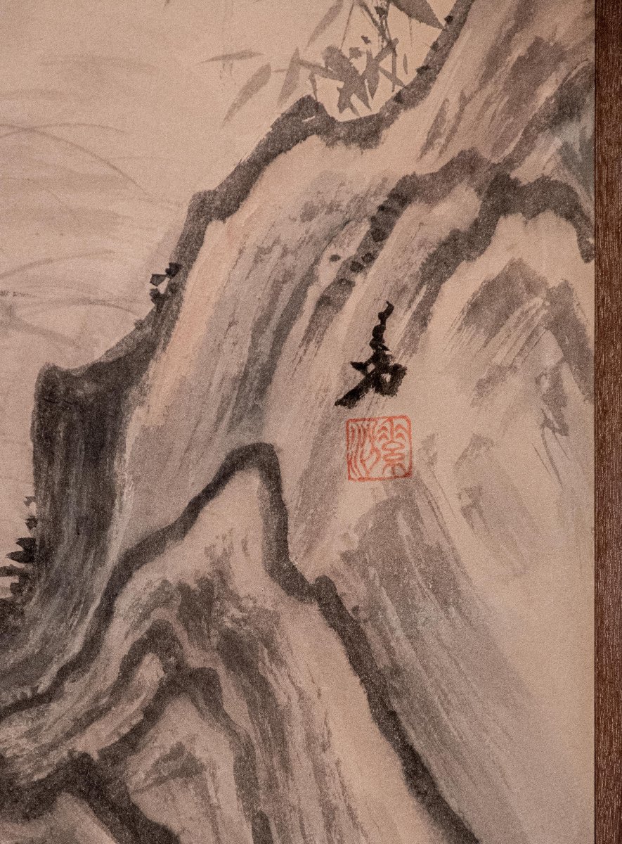 Paravent japonais à deux panneaux avec grues de Mandchourie et pin-photo-7