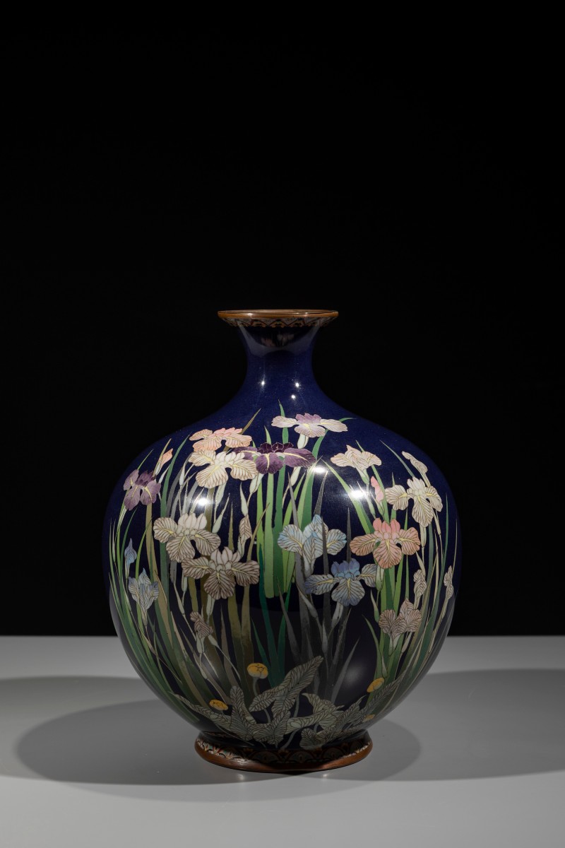 A Japanese Cloisonné Vase With Polychrome Irises On A Midnight Blue Ground