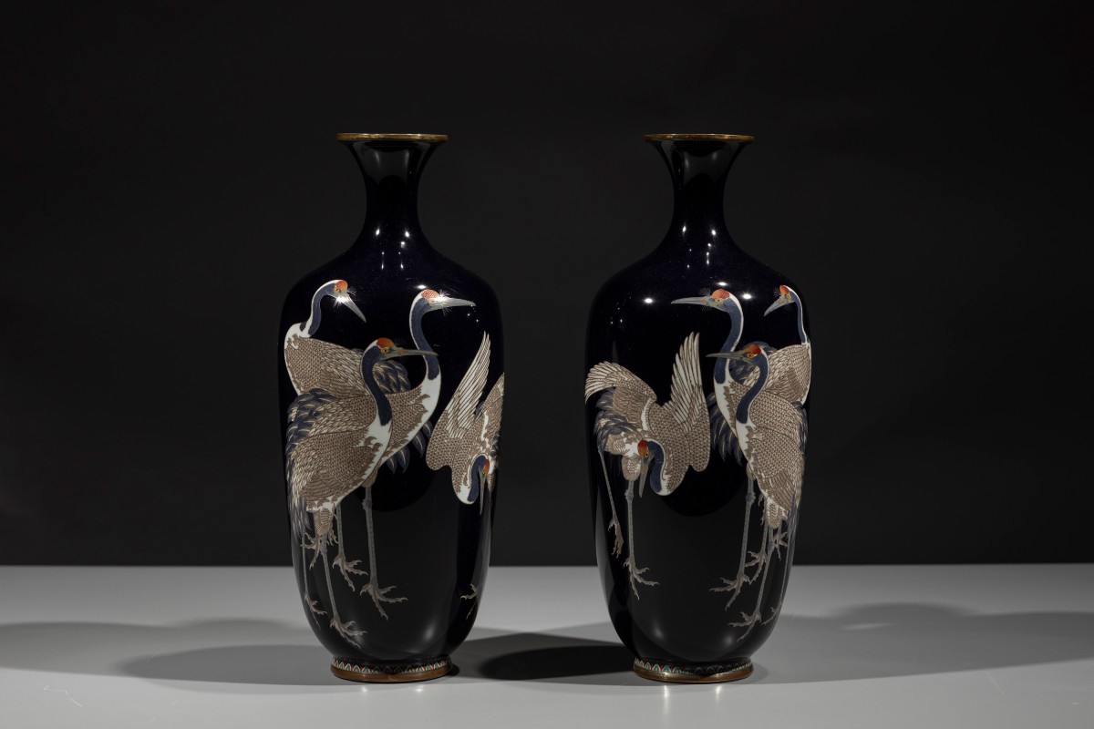 A Pair Of Cloisonné Vases Depicting A Group Of Manchurian Cranes