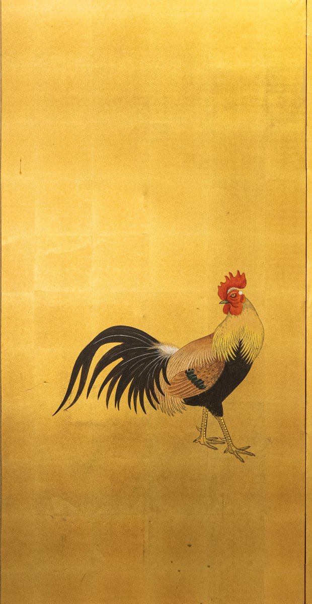 A Two-panel Folding Screen Painted On Gold Silk Depicting A Rooster And A Hen-photo-3