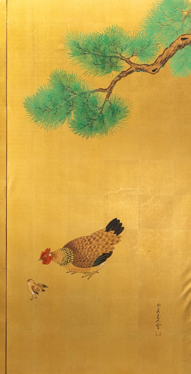 A Two-panel Folding Screen Painted On Gold Silk Depicting A Rooster And A Hen-photo-4