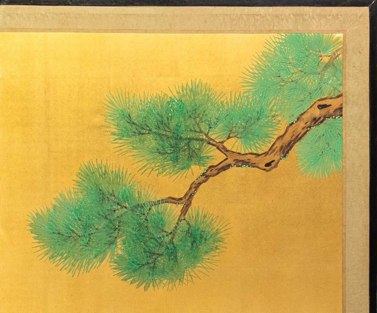 A Two-panel Folding Screen Painted On Gold Silk Depicting A Rooster And A Hen-photo-1