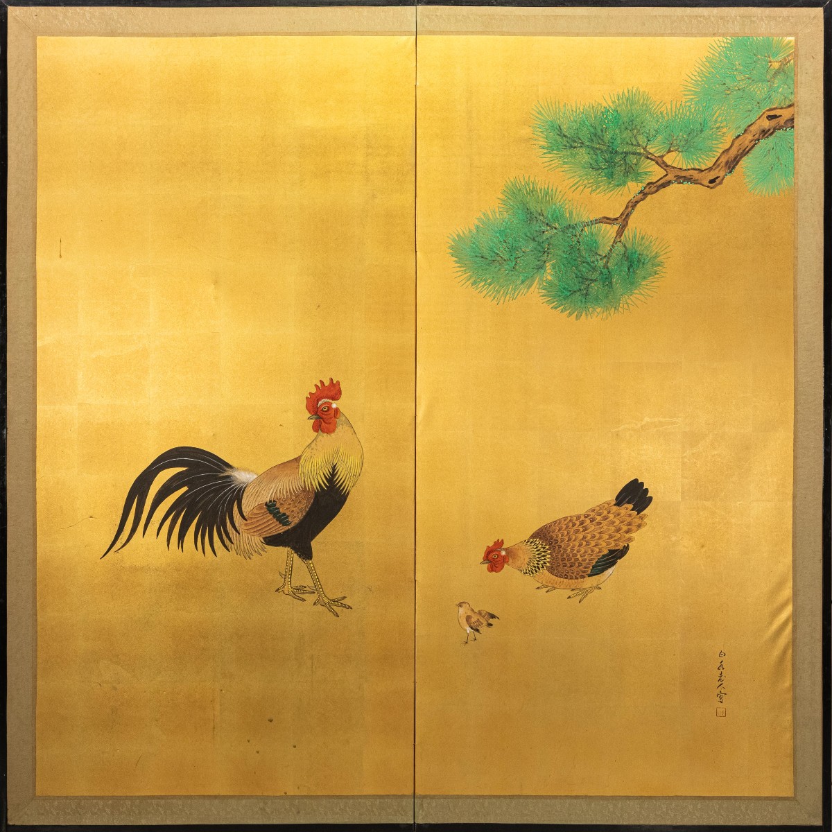 A Two-panel Folding Screen Painted On Gold Silk Depicting A Rooster And A Hen